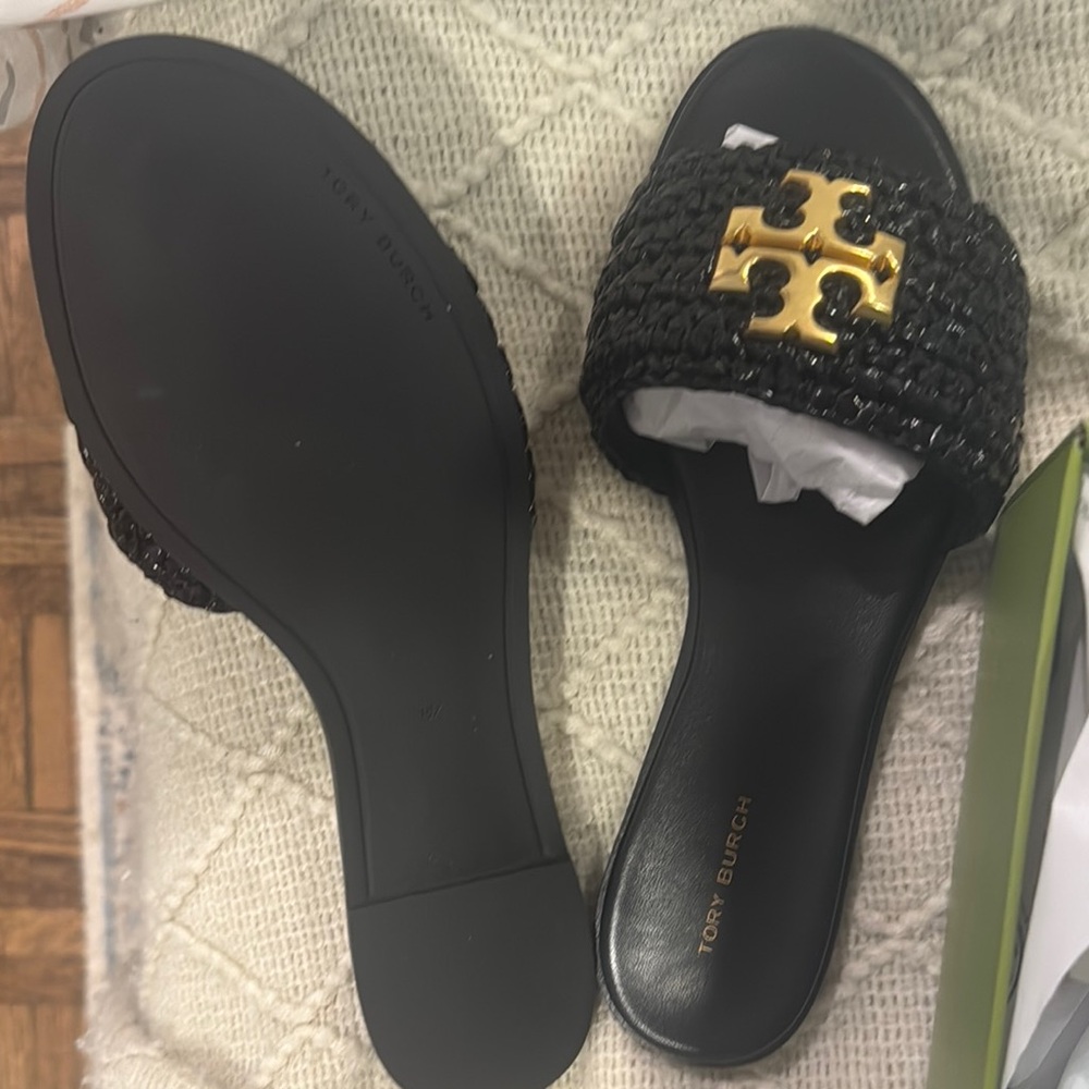 Tory Burch Black and Gold Sandals with Iconic Logo